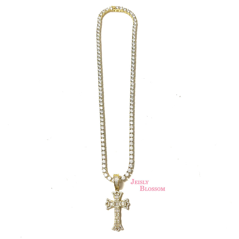 Baguette Tennis Cross Necklace